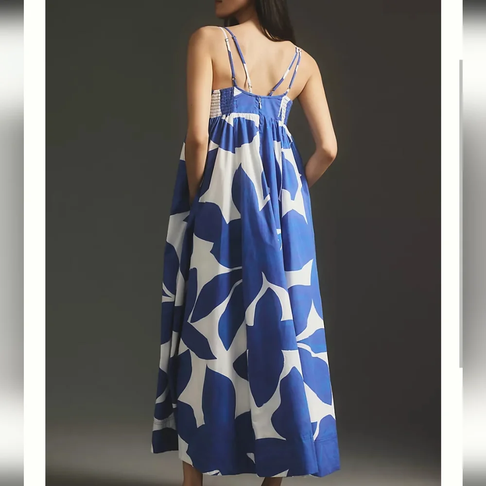 Anthropologie Sleeveless Baby doll Midi Dress Size XXS blue and White - Picture 3 of 5